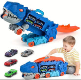 Dinosaur Transport Truck Toy with Foldable Sliding Race Track and 2-Layer Car Carrier with 2 Diecast Race Cars, for 3-8 Years Kids